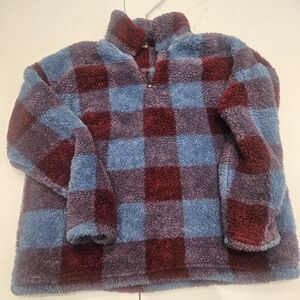 Women's Eddie Bauer Red and Blue Checkered Fleece Pullover Quarter Zip